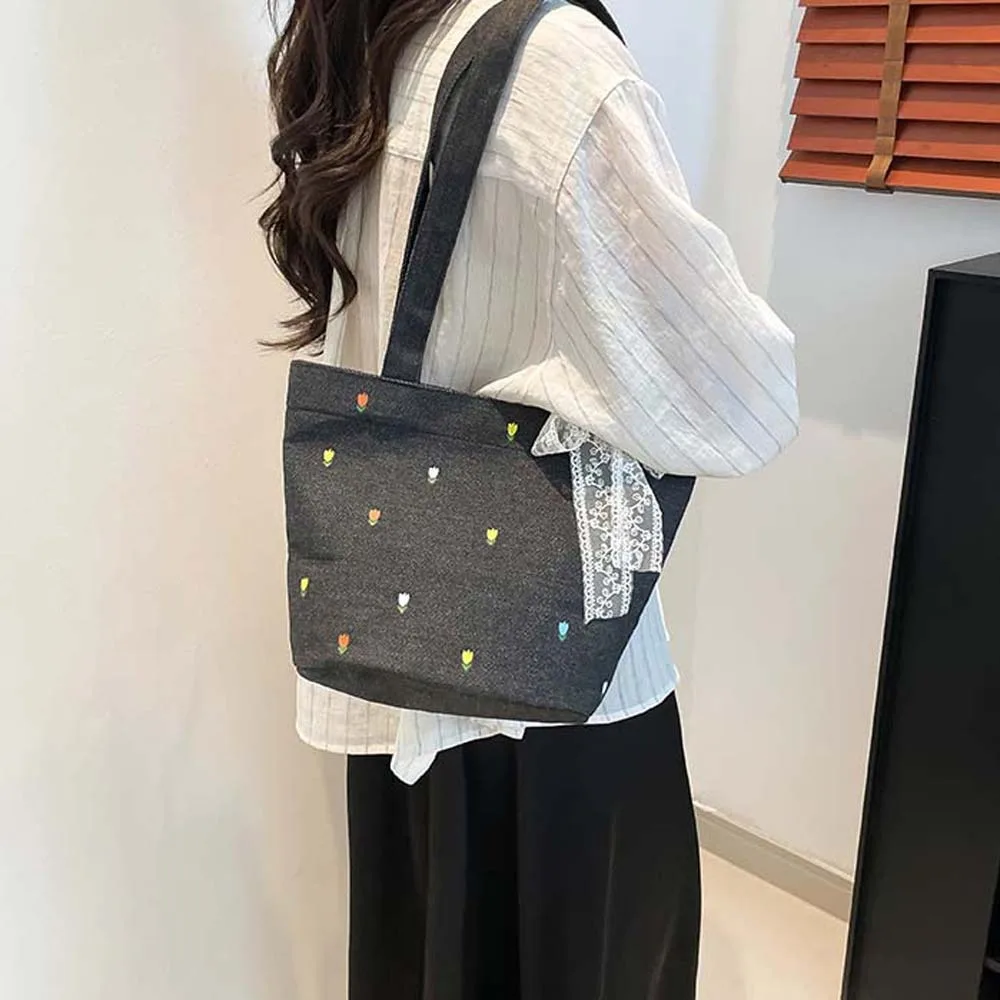 

Retro Denim Bucket Bag Lace Ribbon Underarm Pouch Women Bucket Handbag Magnetic Button Polyester Embroidery Shoulder Bag Summer