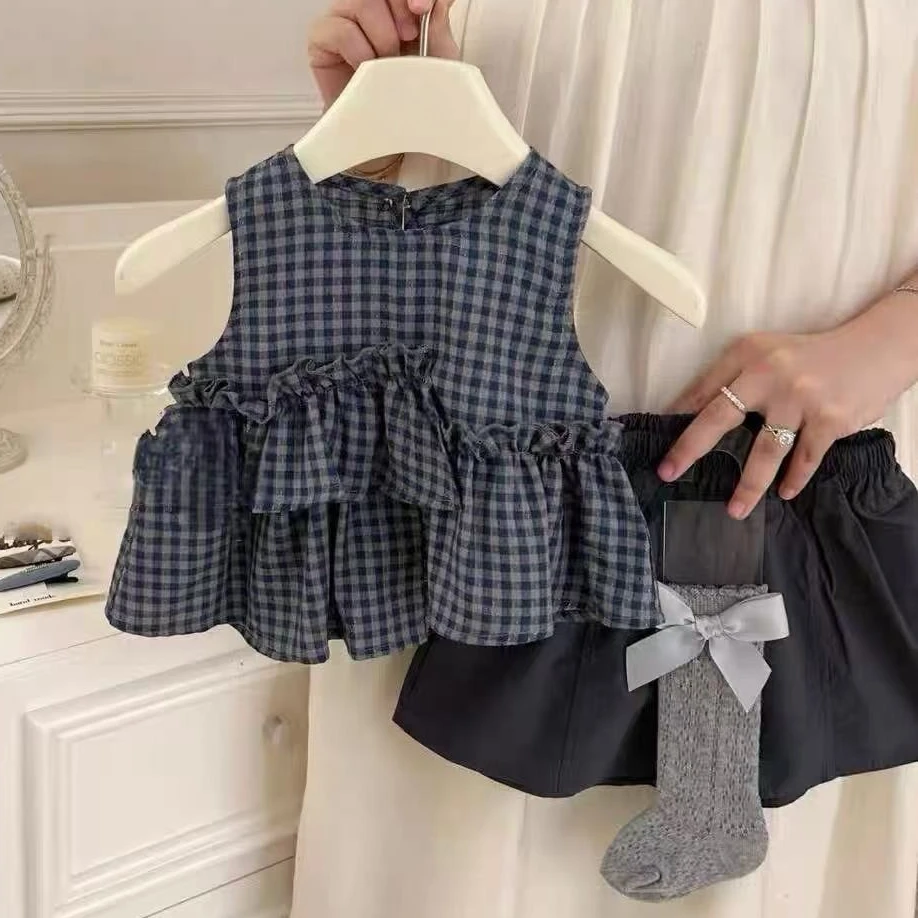 

Комплект лесной серии для девочек, новая летняя детская майка в клетку нестандартной формы, повседневные шорты для маленьких девочек, одежда из 2 предметов