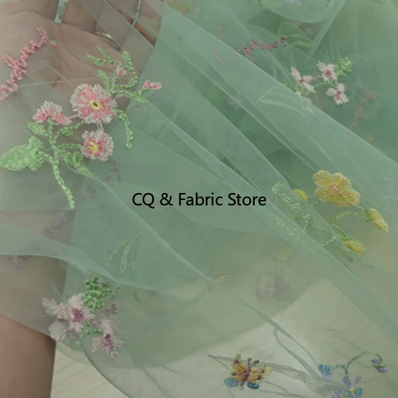 Soft Sage Green Spring Flower Embroidered Mesh Tulle Fabric For Wedding Evening Dress Long Skirt Designer Fabric By The Yard