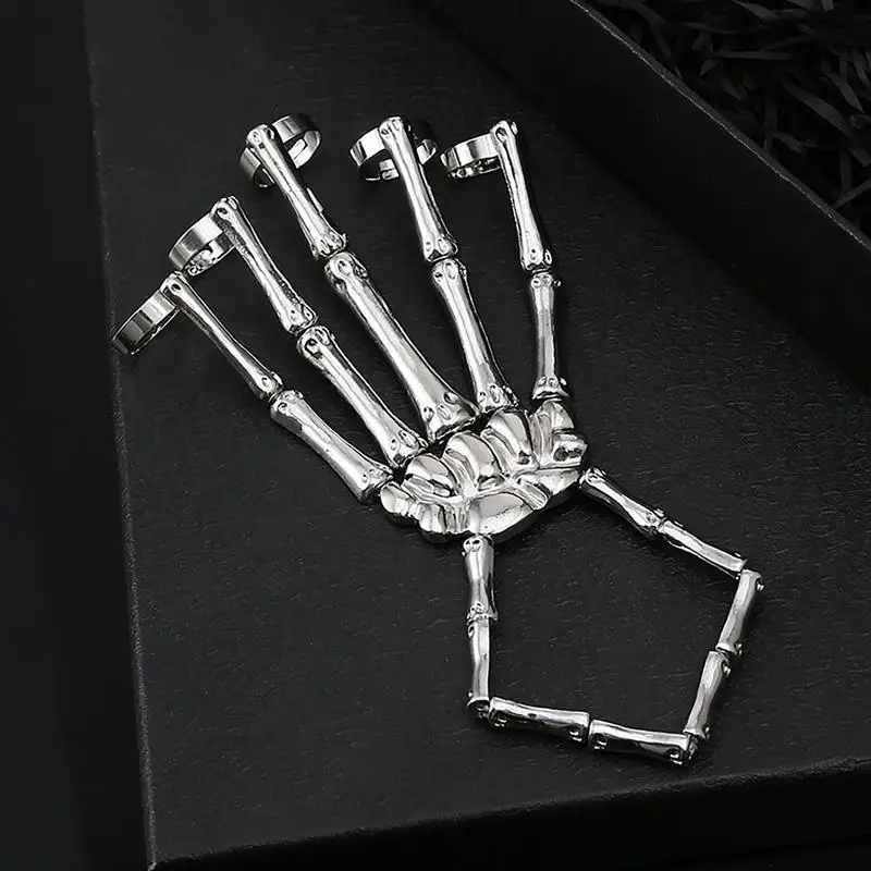 Bracelet Punk Squelette Main Tête De Mort Avec Anneau - Accessoire Halloween Cosplay