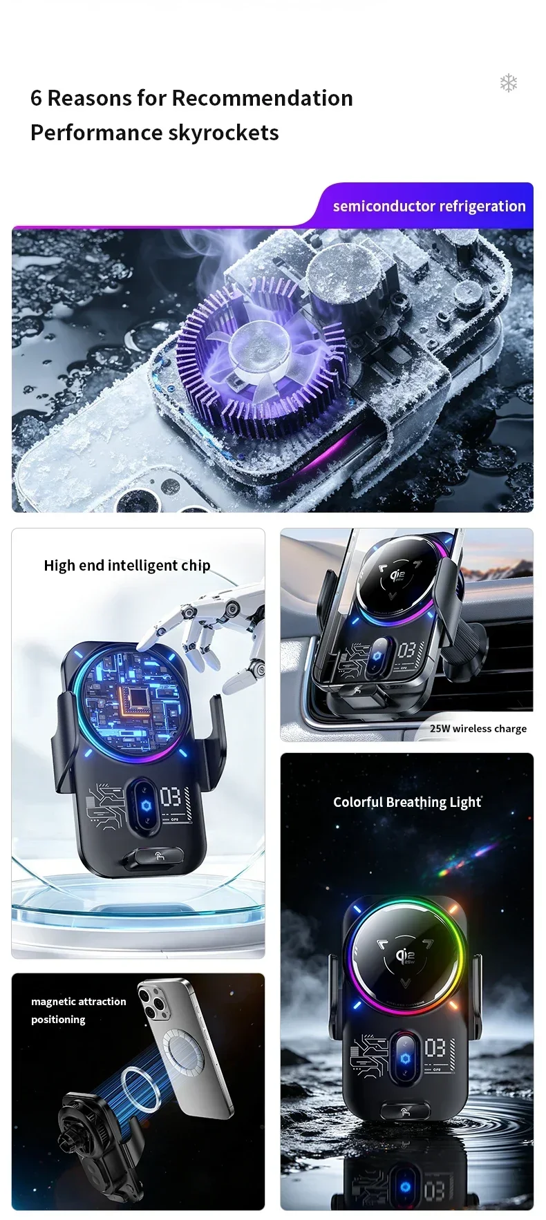 Magnetische & ICE-Kühlung RGB-Licht Qi2 25W Kabellose Ladestation Auto-Handyhalterung mit Induktion für iPhone 17 16 Samsung S26 S25 Ultra – Detail 2