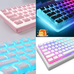 130-key PBT pudding keycaps, OEM profile, customizable RGB, smooth feel, available in black, white, pink, and blue.