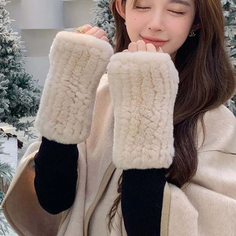 

Real Rex Rabbit Fur Gloves Winter Women Cute Fingerless Elastic Arm Warmers Handmade Knit Fur Mitten Wrist Warmer Elastic Fluffy