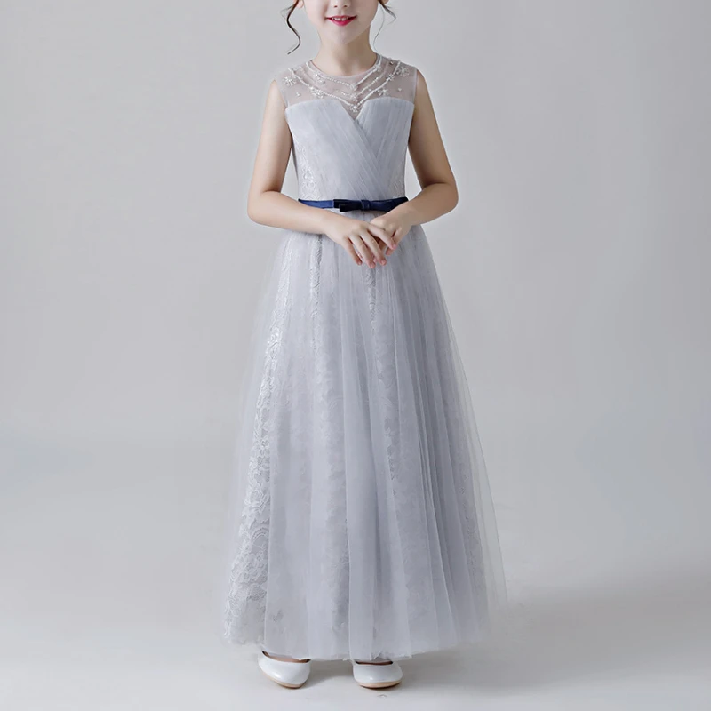 

Children Vestidos Simple Beading O-Neck Sleeveless Princess Girl Birthday Gowns Draped Floor-length Junior Bridesmaid Dresses