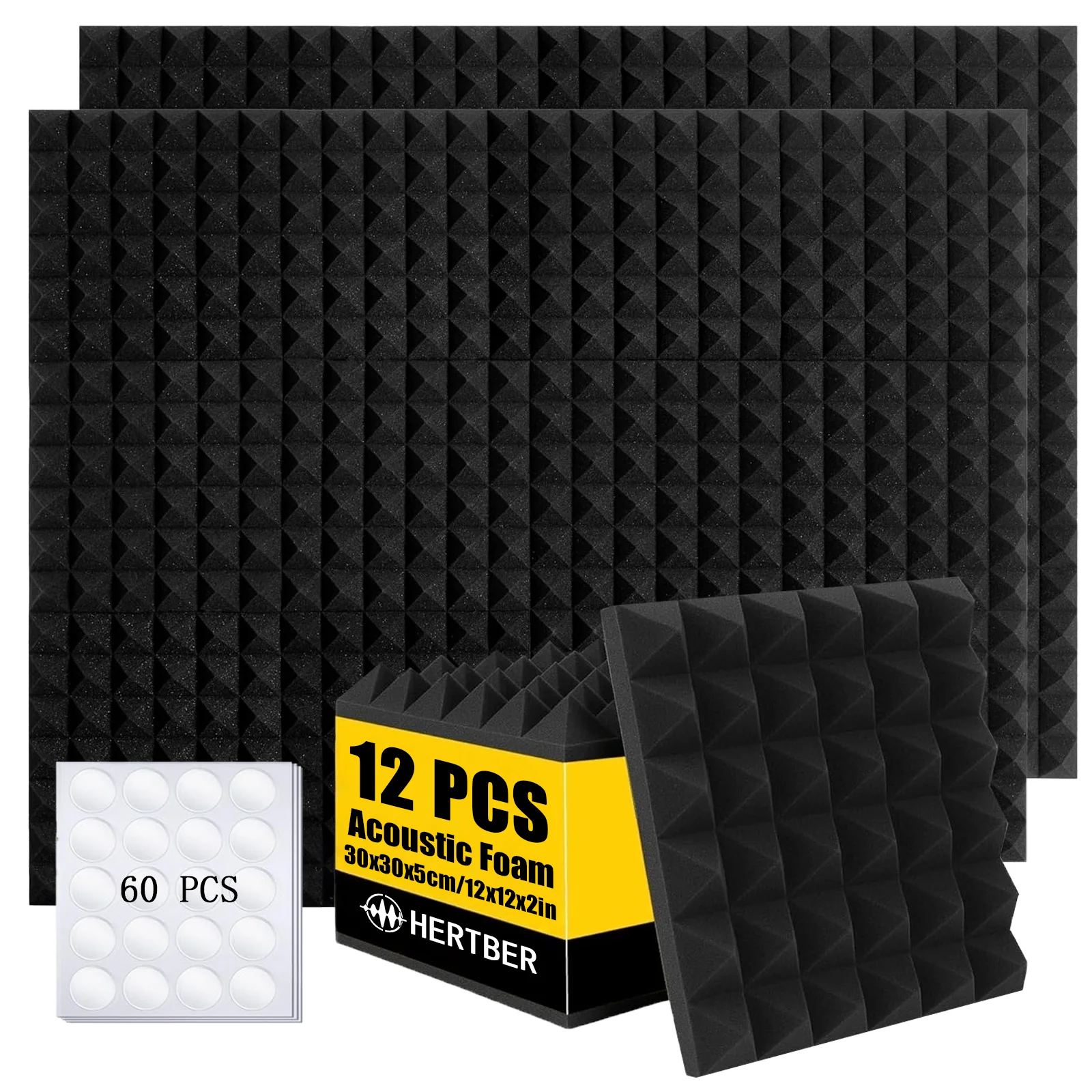 HERTBER - 12 Paneles Acústicos de Espuma en Forma de Pirámide Negra de 12x12x2 Pulgadas con Cintas Adhesivas de Doble Cara, Paneles Absorbentes de Sonido para Pared