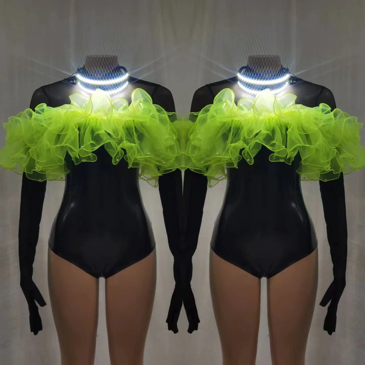 

Black Leather High Fork Bodysuit Fluorescent Green Gothic Style Show Outfit Women DJ Dancer Singer Nightclub Sexy Stage Costume