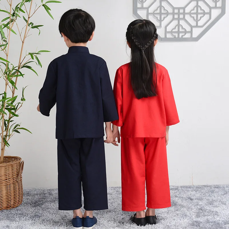 Jongens Katoenen Lijn Tang Kleding Lange Mouw Hanfu Set Kind Chinese Stijl Shirt & Broek 2 Stuks Outfit Borduren Dragon Kongfu Kostuum