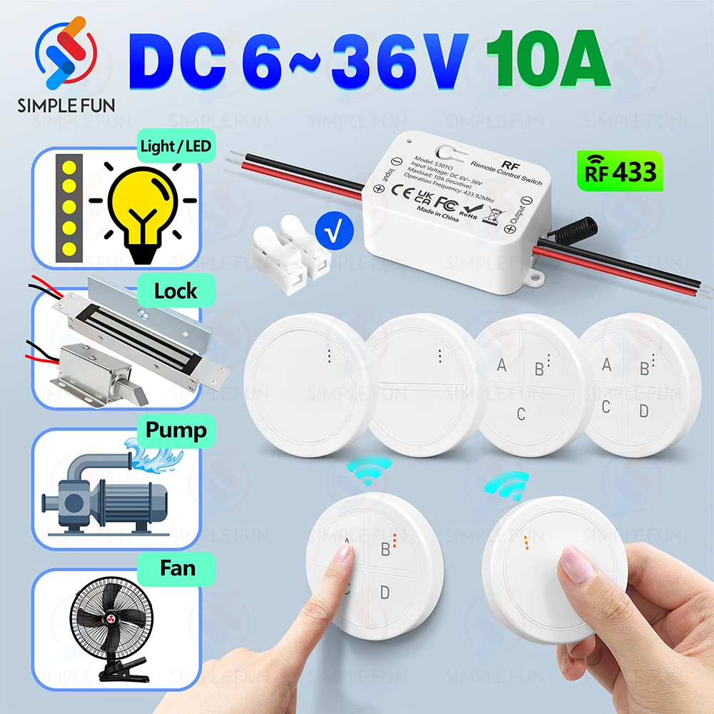 RF 433 ميجا هرتز لاسلكي للتحكم عن بعد مفتاح الإضاءة تيار مستمر 6 فولت 12 فولت 24 فولت 36 فولت 10A مرحل جديد صغير مستدير عن بعد ، لمروحة مضخة LED قفل مغناطيسي