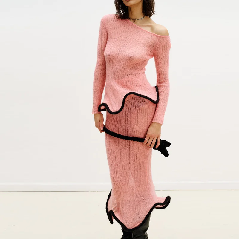 

Fashionable Chic Pink Knitted Sweater Half Skirt Set Off-the-shoulder Sexy Top Designers Elegant Sweet Women's Fall Clothing