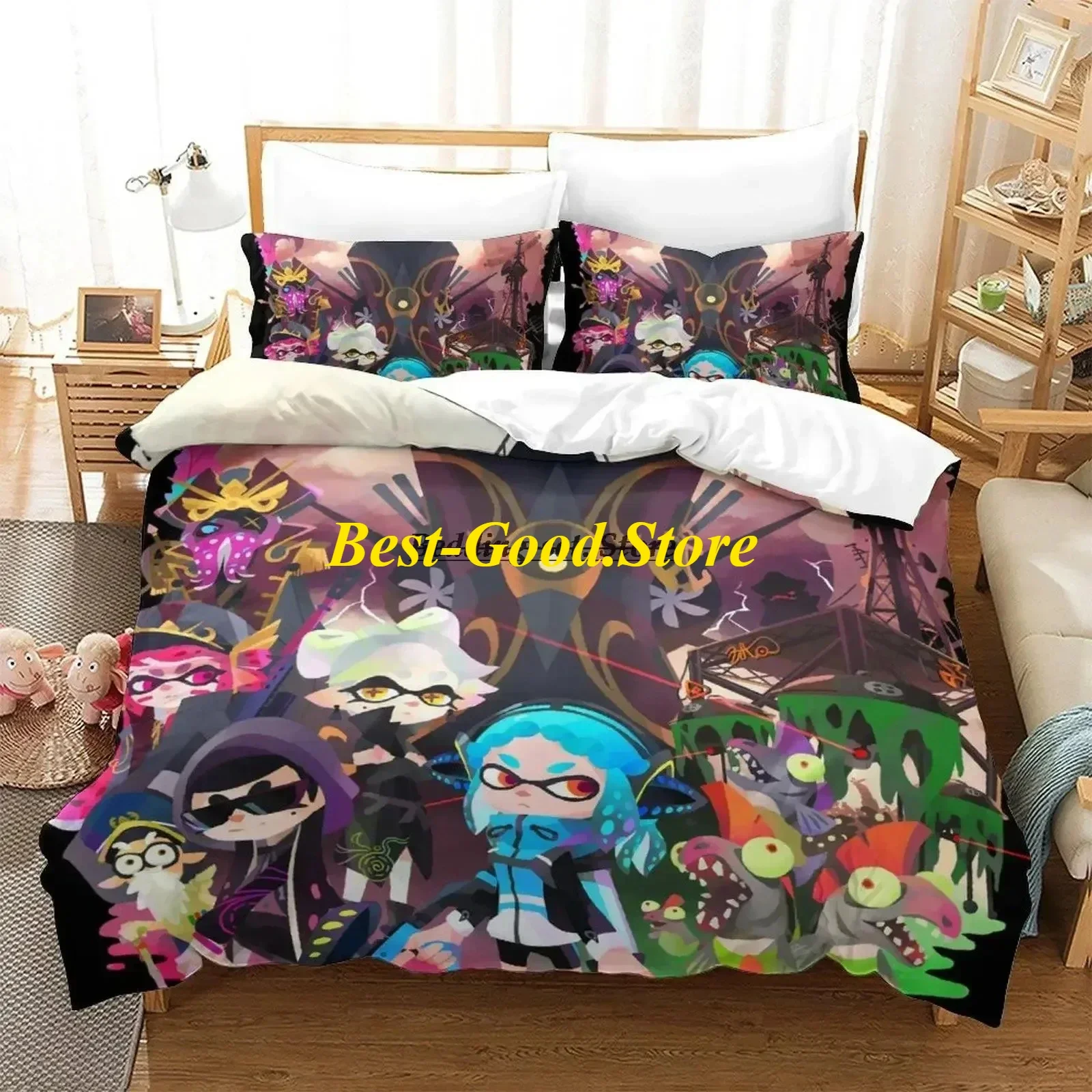 

Splatoon 3 Inkling Squid Bedding Set Duvet Cover Sheet Printed Bed Set Pillowcase Bed Full Queen King Size Comforter Bedroom