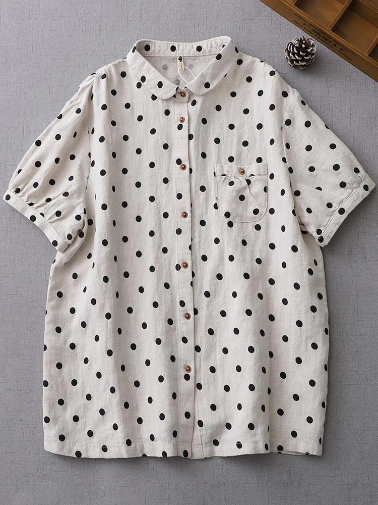 2024 New Spring Summer Dot Cotton Linen Blouse Shirt  Button Elegant Office Ladies Women Casual Loose Tops Temperament Blusas