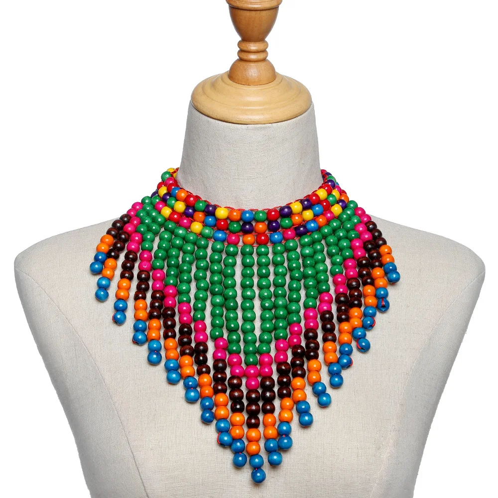 African Women\'s Jewelry Accessories  Patterned Colorful Wooden beads Triangular Scarf Design Tassel Shawl Chain Collar Necklace