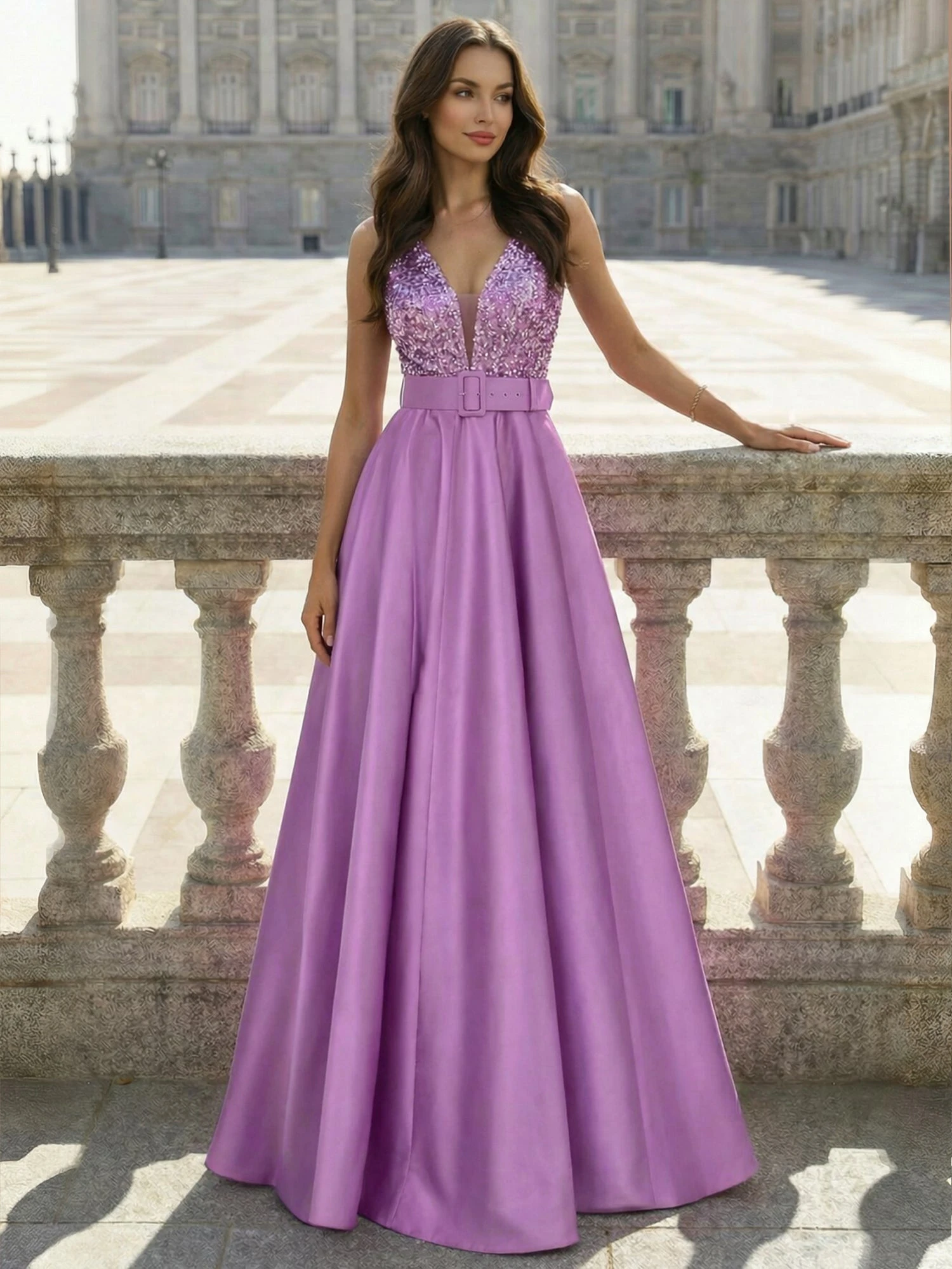 

Charming Satin-Like Women's Formal Evening Gowns V Neck A-Line U Backless Sleeveless Floor Length Prom Dress With Belt Sequins