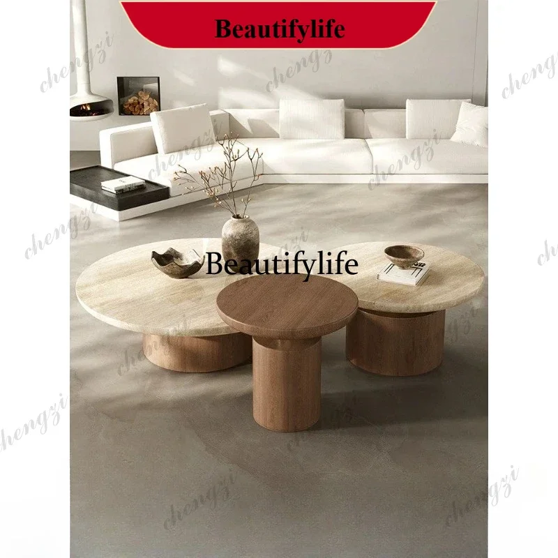 Pure natural travertine coffee table combination French retro solid wood round coffee table wabi sabi wind household marble p182