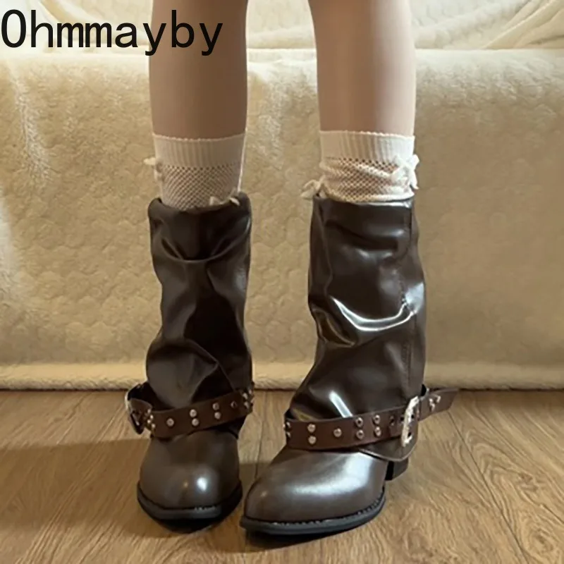 Women Vintage Western Cowboy Boots Pointed Toe Thick Heel Rivet Buckle Strap Shoes Retro Autumn Winter Pu Leather Botas Mujer