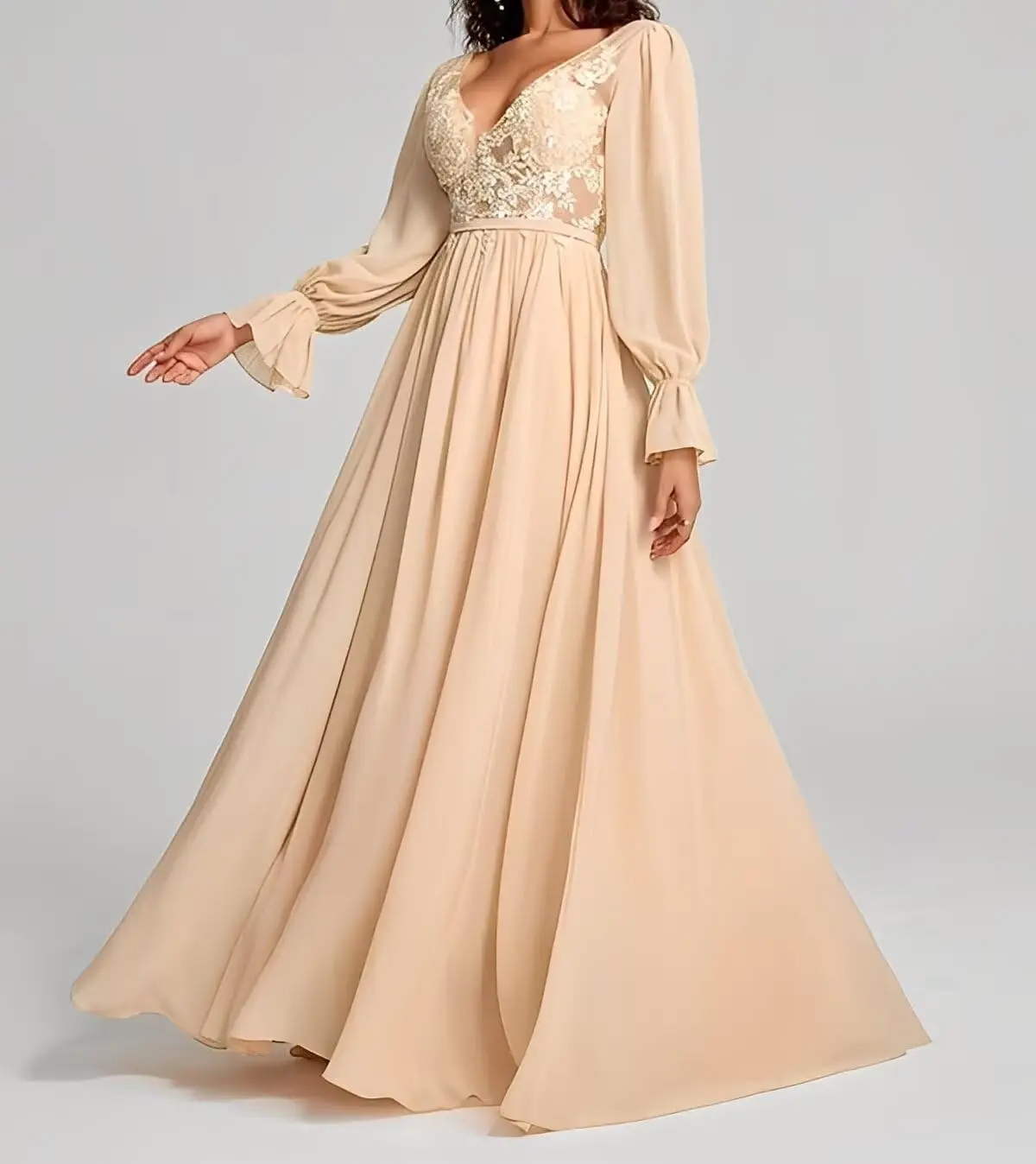 V Neck Bridesmaid Dresses Long Sleeve for Wedding Lace Appliques Formal Party Gown with Slit