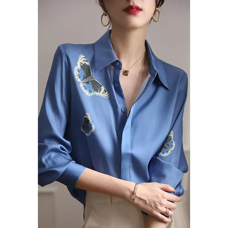 Borboleta Imprimir Camisa Chiffon Azul Primavera Verão Moda Blusa 2023 Estilo Coreano Elegante Manga Longa Turn Down Collar Shirt