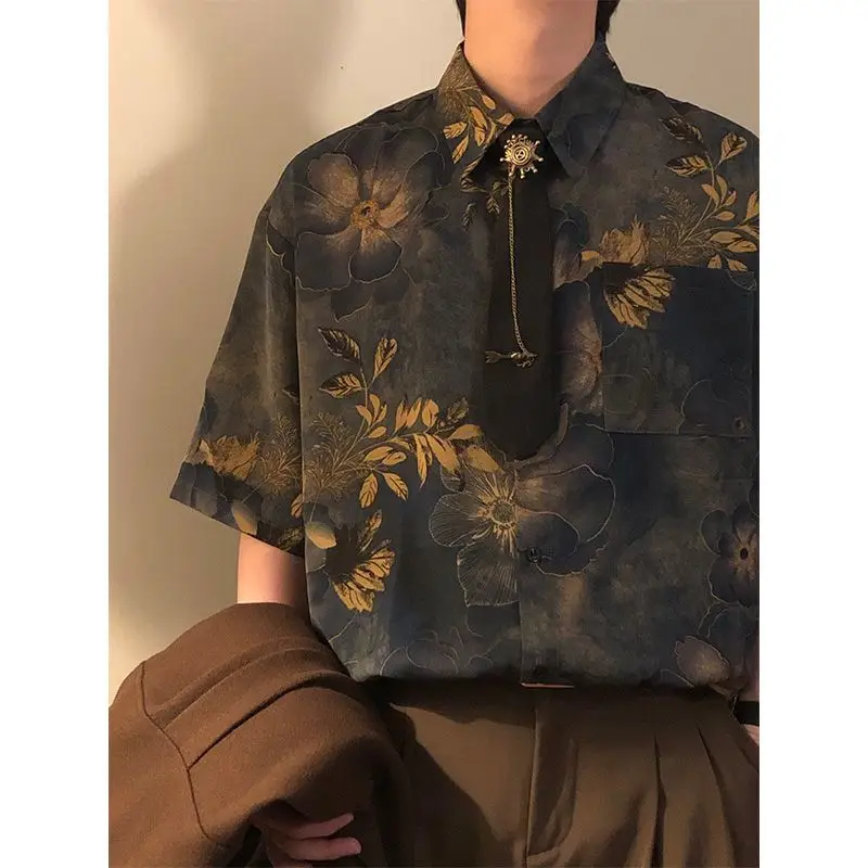 Summer Men Floral Vintage Short Sleeve Shirt With Tie 70s Fashion Casual Retro Business Classic Loose Blouse Clothing Navy Blue