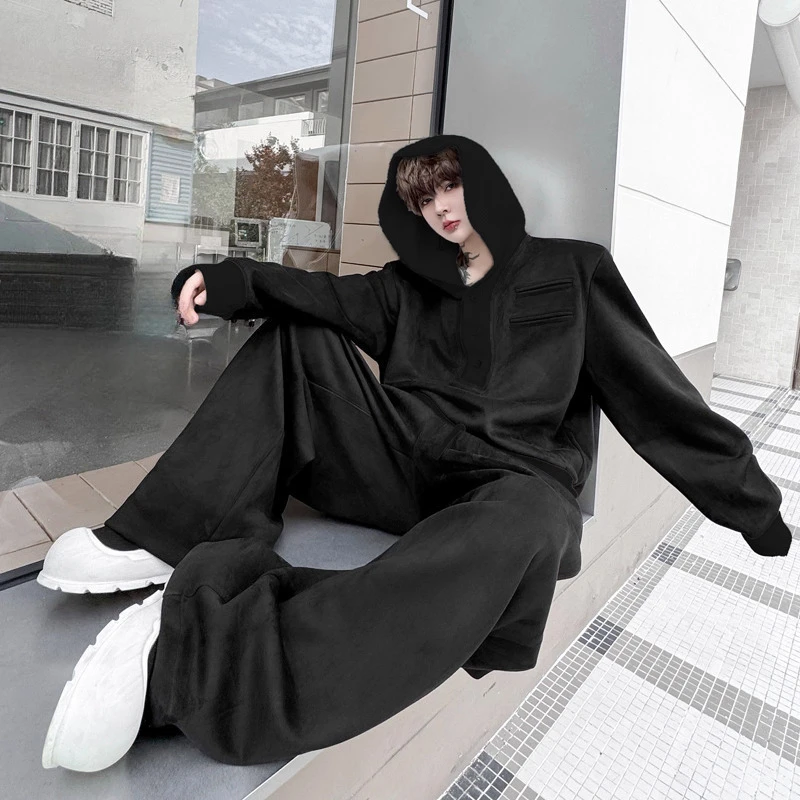 Männer der 2025 Herbst Neue High-End 2 stücke Lose Kontrast Farbe Spleißen Mit Kapuze Sweatshirts Sport Breite Bein Lange Hosen zwei-Stück Sets