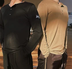 Men Long Sleeves Latin Dance Tops Round Neck Loose T Shirt Male Adult Cha Cha Rumba Salsa Dance Clothing Practice Wear DNV21958
