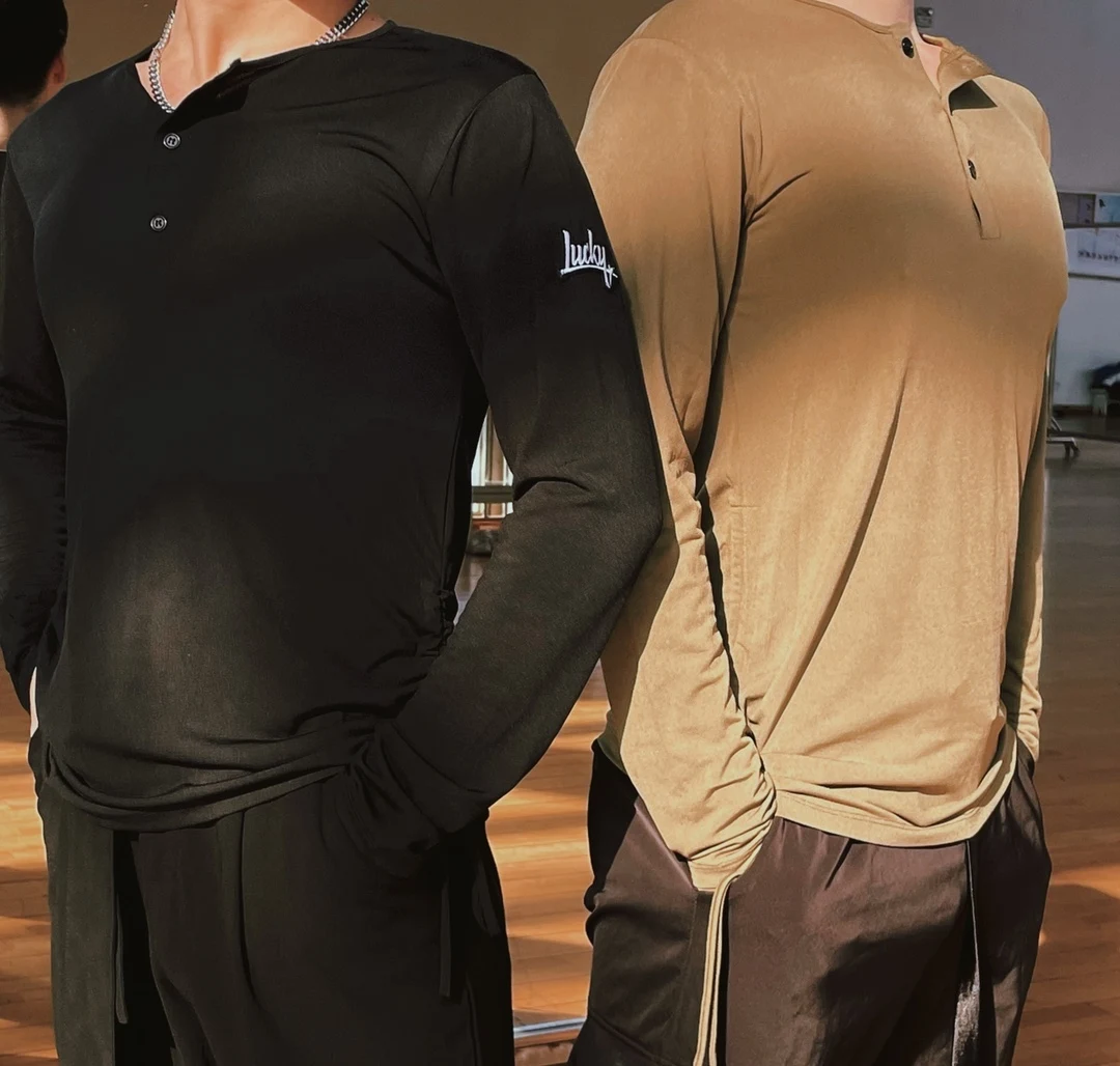 Men Long Sleeves Latin Dance Tops Round Neck Loose T Shirt Male Adult Cha Cha Rumba Salsa Dance Clothing Practice Wear DNV21958