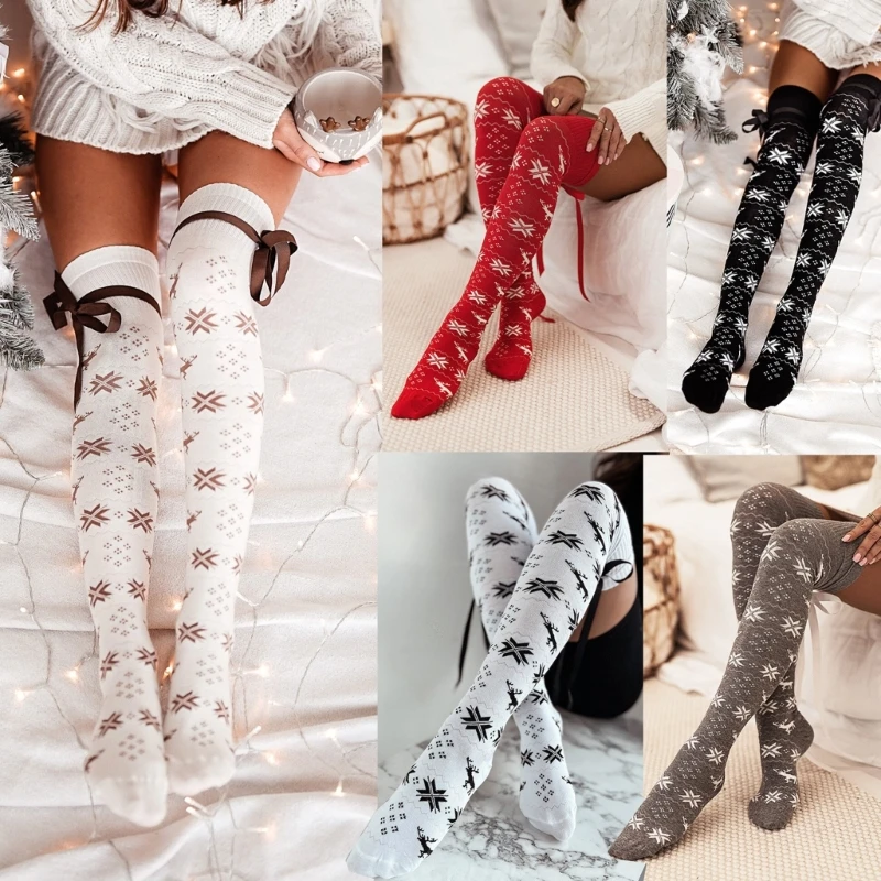 Fashionable Christmas Long Socks with Bows for Women Holiday Snowflake Stockings