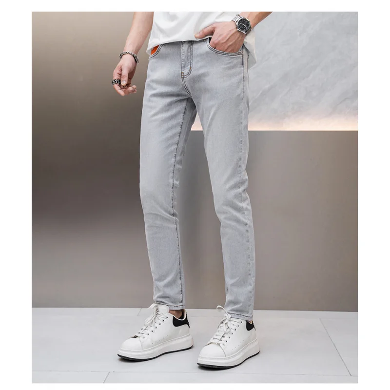 Light Gray Summer Jeans Men's Fashionable Simple High-End Quality Men's Stretch Slim Thin Light Luxury Trousers