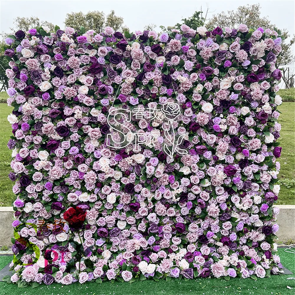 SPR Roll Up Fabric Plastic  Purple Rose Peony Arrangement Silk Artificial Flower Wall Panel Wedding Decoration Backdrop