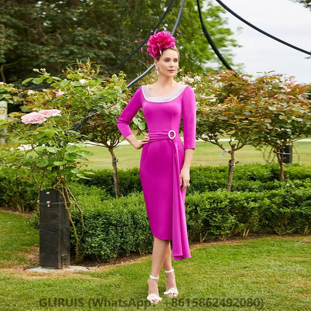 

Fuchsia Sheath Mother of the Bride Dresses 2023 Luxury Beading Knee Length Party Gowns Robe De Soirée Femme