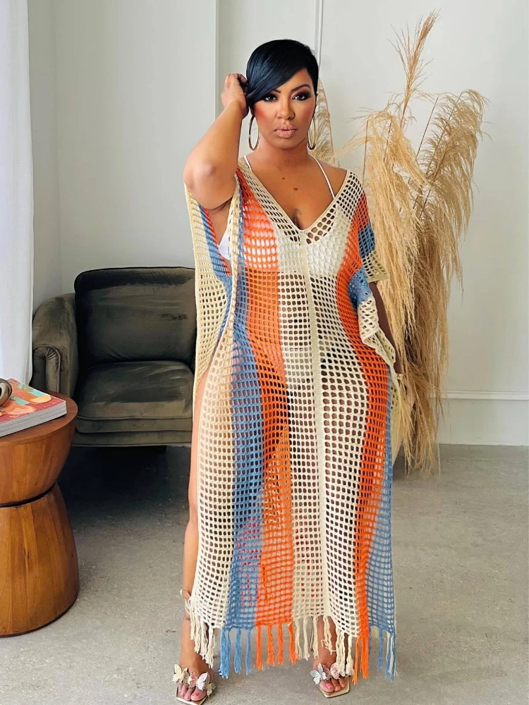 

Leosoxs Women Crochet Striped Short Sleeve V-neck Long Maxi Dress Knit Hollow Out Summer Beach Holiday Cover Up Vestido Dresses