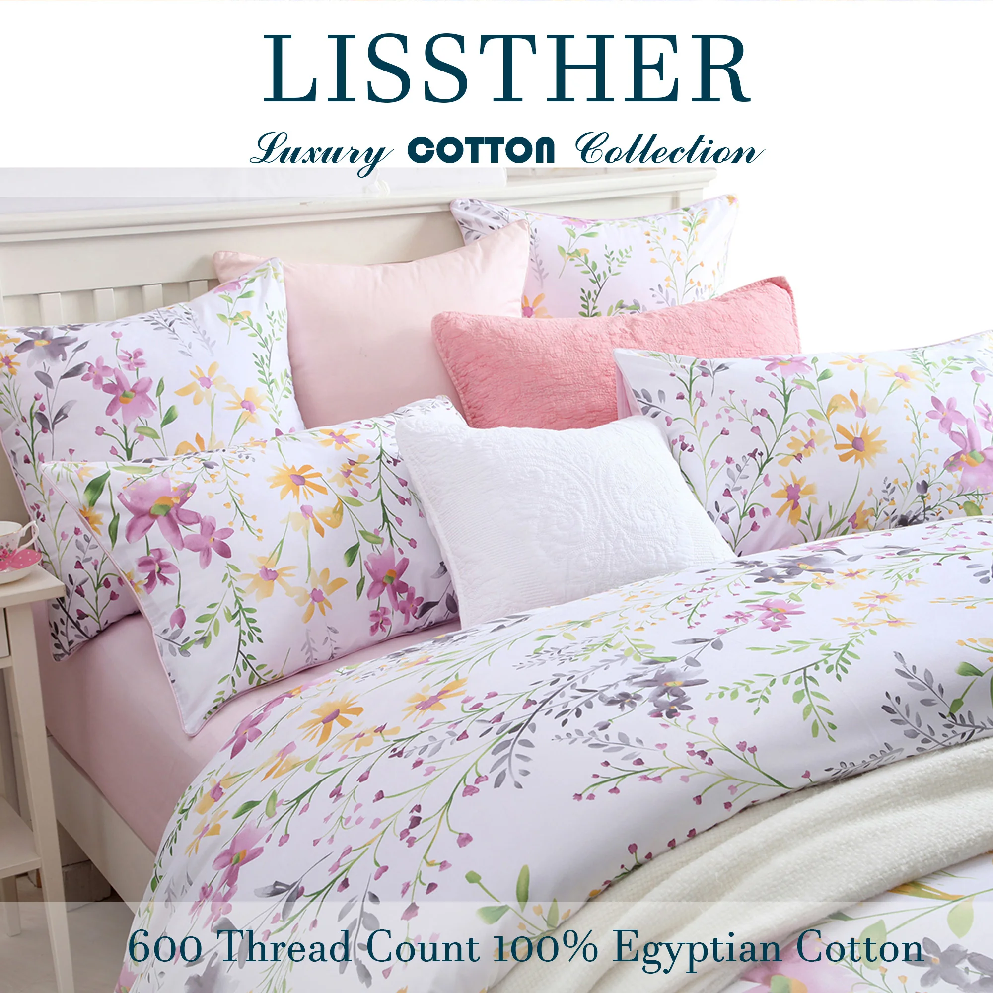 3pcs 600 TC 100% Egyptian Cotton Duvet Cover Set (Without Core), Pinky Spring Botanical Pattern, Soft Breathable And Skin-friend