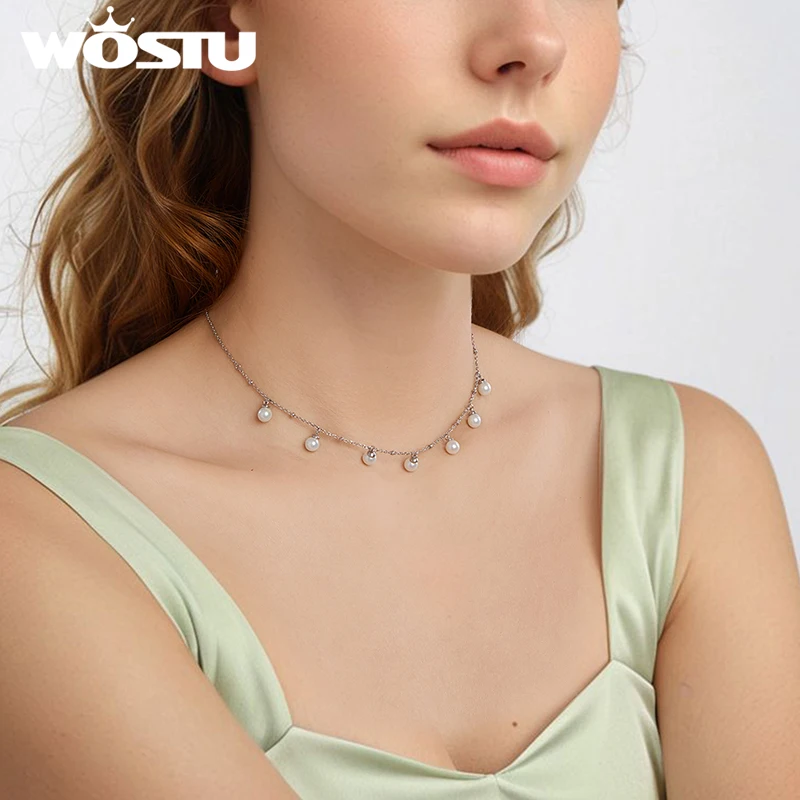 WOSTU حقيقية 925 فضة اللؤلؤ قطرة قلادة قلادة المرأة أنيقة قذيفة اللؤلؤ عيد ميلاد مجوهرات هدية لفتاة أمي