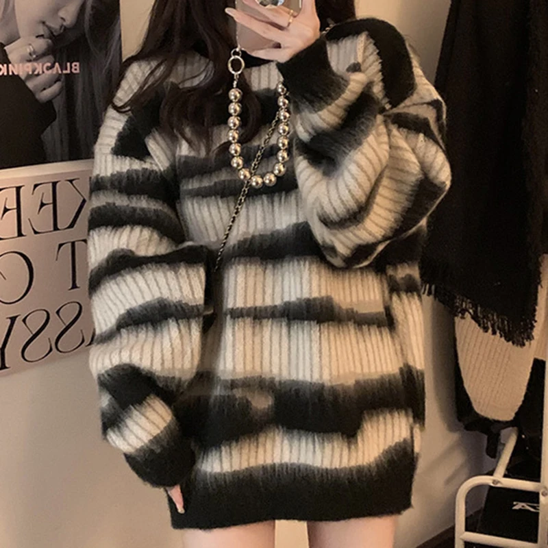 

Vintage O Neck Striped Mohair Sweater Women Autumn and Winter Loose Pullovers Knit Sweater Woman Casual Soft Warm Knitwear 28792