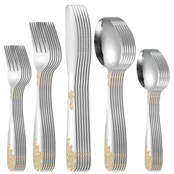 4/5/6/30 pieces of stainless steel wide handle tableware set, exquisite gold-plated plant flower pattern knife, fork, spoon