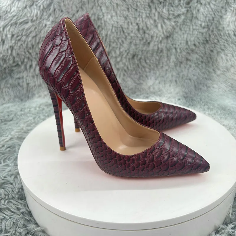 Ginger snake patterned pointed high heels, wine red thin heels shallow mouth single shoes, elegant ladies' banquet women's shoes