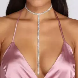 Colar completo de strass para mulheres, gargantilha longa pendão, colar cristal, joia para festa, acessórios para pescoço, moda