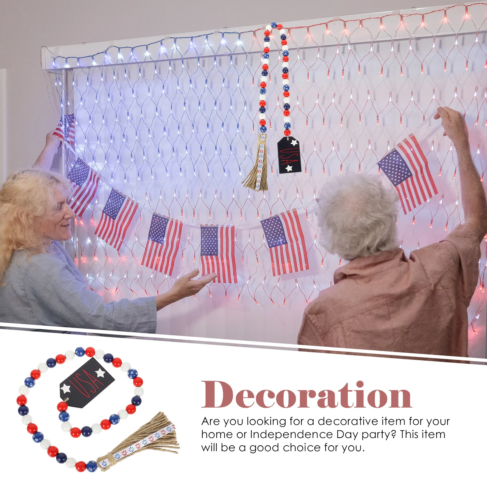 

Stars Bead Garland Wooden Hanging Pendant For Home Decor Fireplace Wall Tree Independence Day Party Farmhouse Style Tassel