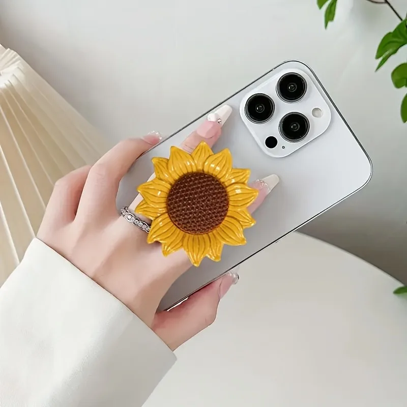 Sunflower Pattern Foldable Phone Holder, Extendable Resin Flower Grip Stand, Cute Design, Compact Portable for Smartphones