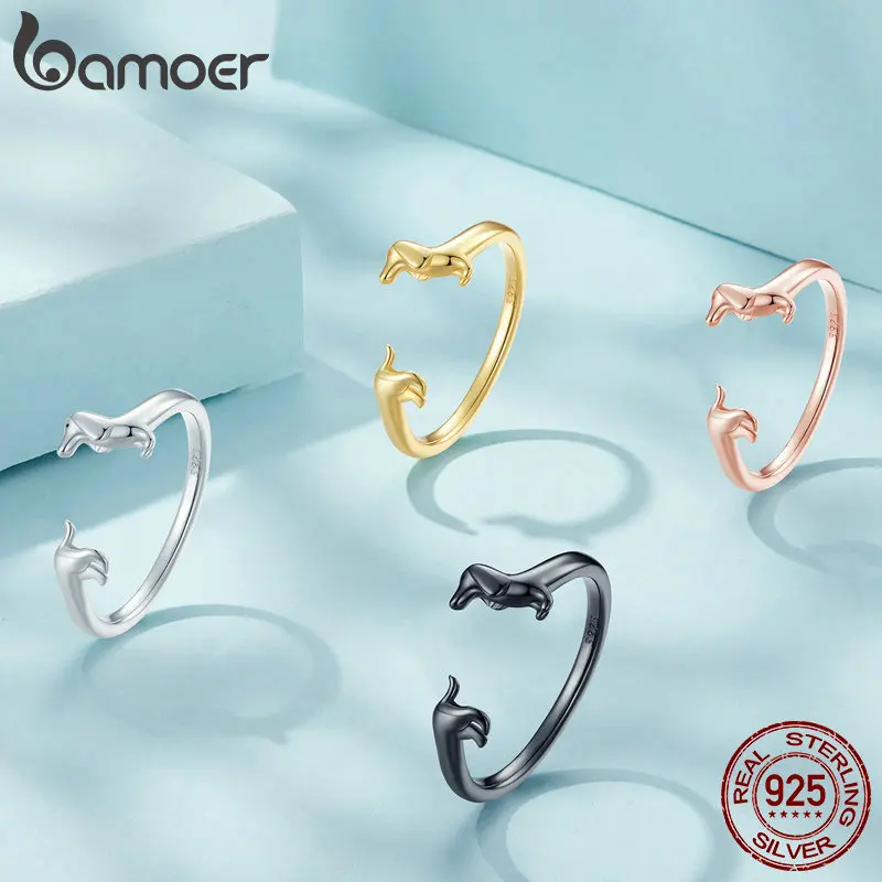 Bamoer Original 925 Sterling Silver Dog Pet Open Ring Cute Dachshund Adjustable Lovely Rings For Women Girl Daily Fine Jewelry