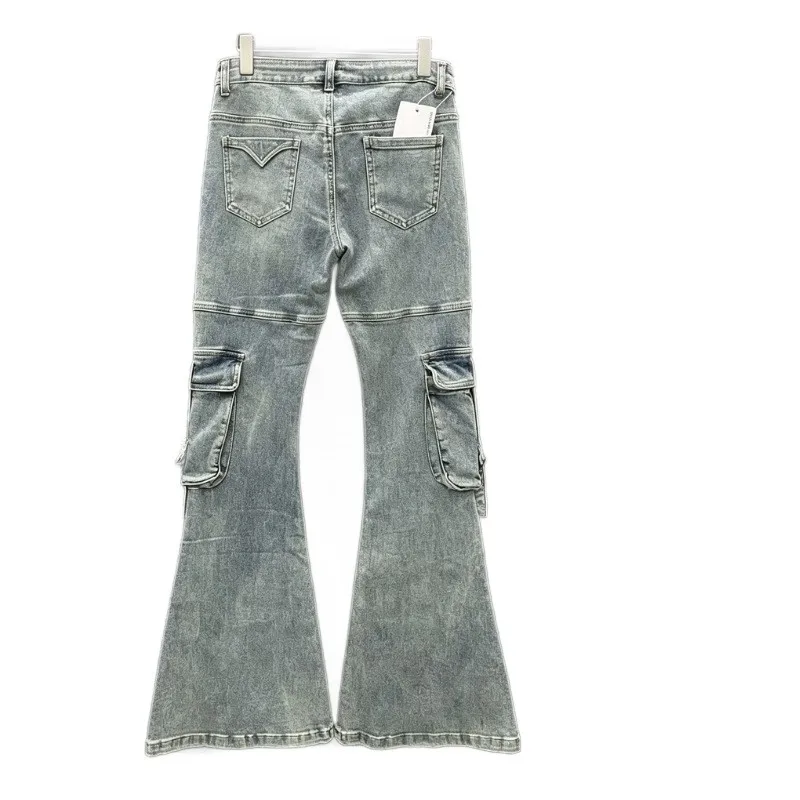 Washed Finish Jeans Pocket Long Pants Sweet with Non Stretch Thin Mid Waist Zipper Pockets Full Length Flared Jeans for Women