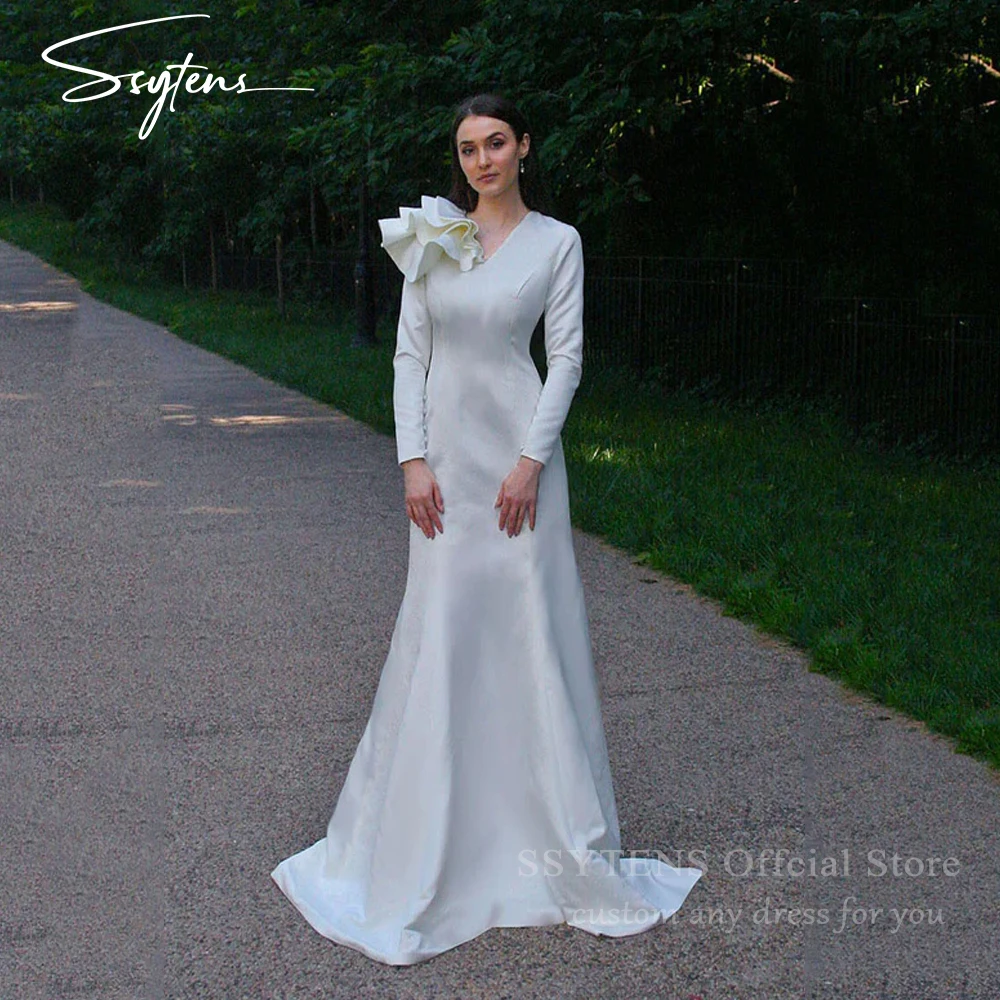 

SSYTENS Elegant Simple Wedding Dresses Ruffles Full Sleeves Satin Bridal Dresses Mermaid Customized Bride Gown vestidos de novia