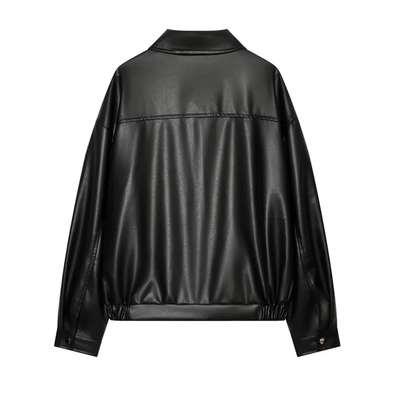Guobioziy 2026 Women's Autumn Winter New Faux Leather Jacket Lapel Zip‑Up Drop Shoulder Trendy Cropped Coat
