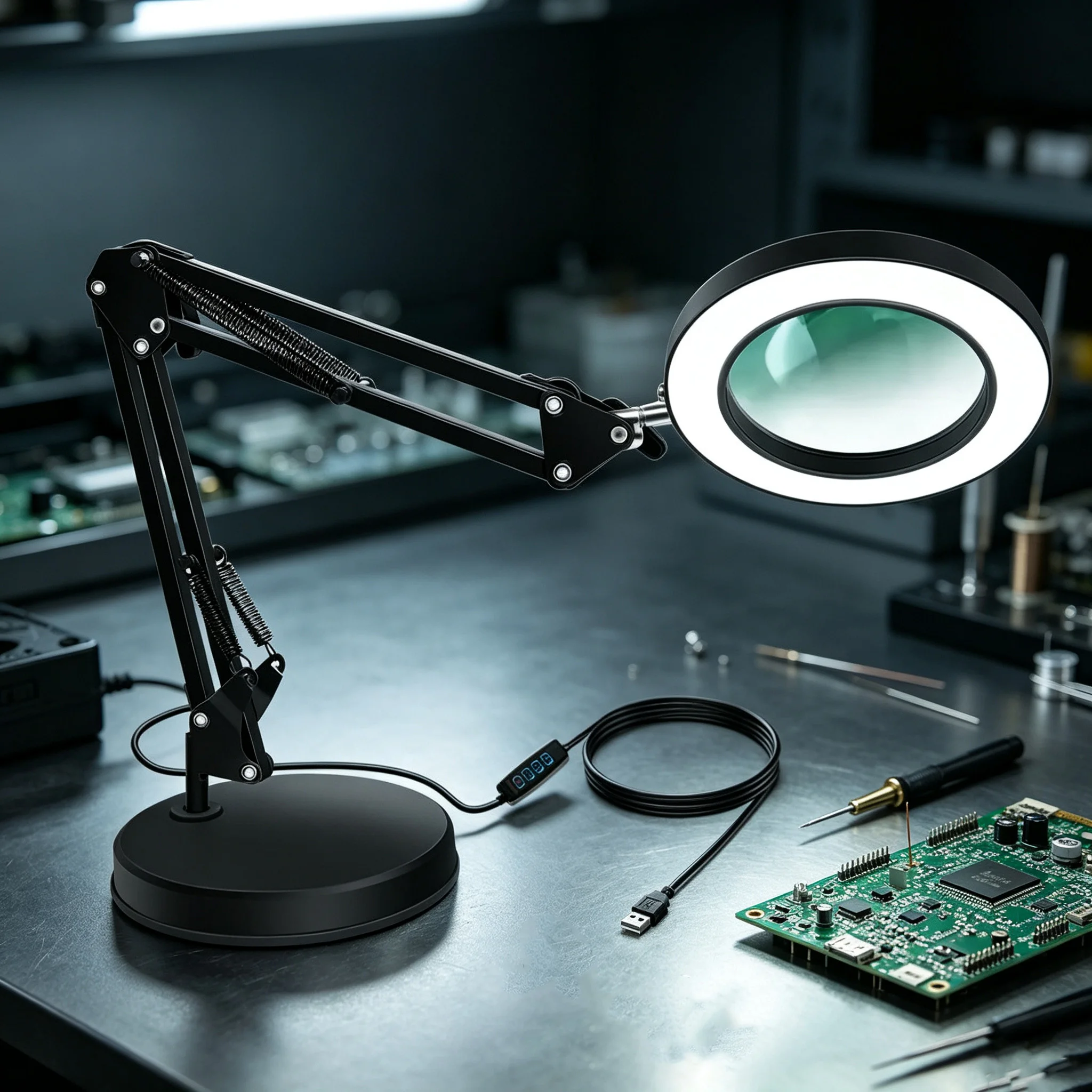 Desktop Magnifying Glass with 10X Magnification and LED Lighting - Foldable Desk Lamp with USB Power for Repair and Reading