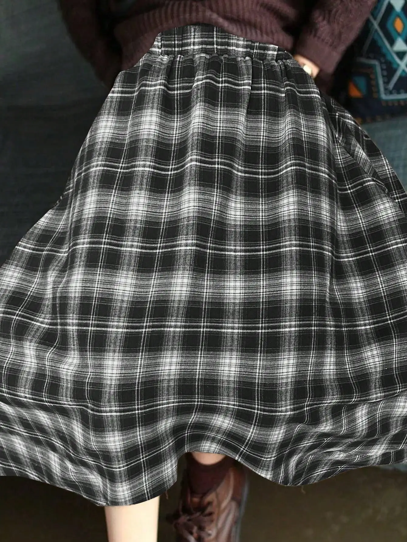 2026 Autumn New Fashion Women's Plaid Midi Skirt Elastic Waist A Line Vintage Casual Long Skirt