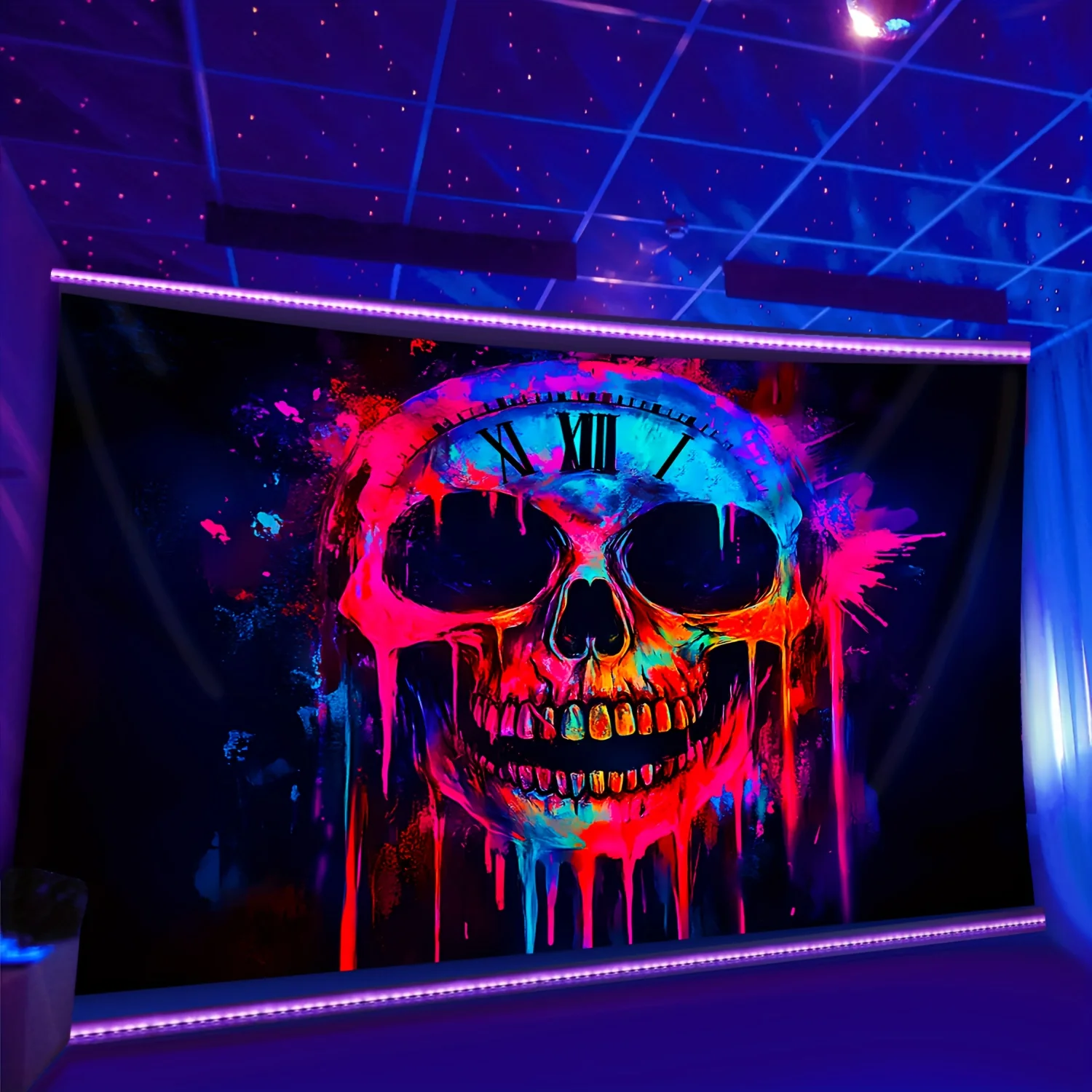 VIKAMA Halloween Gothic Wall Tapestry Neon Splashing Ink Dripping Clock Skull Colorful Graffiti Background Cloth Party Decoratio