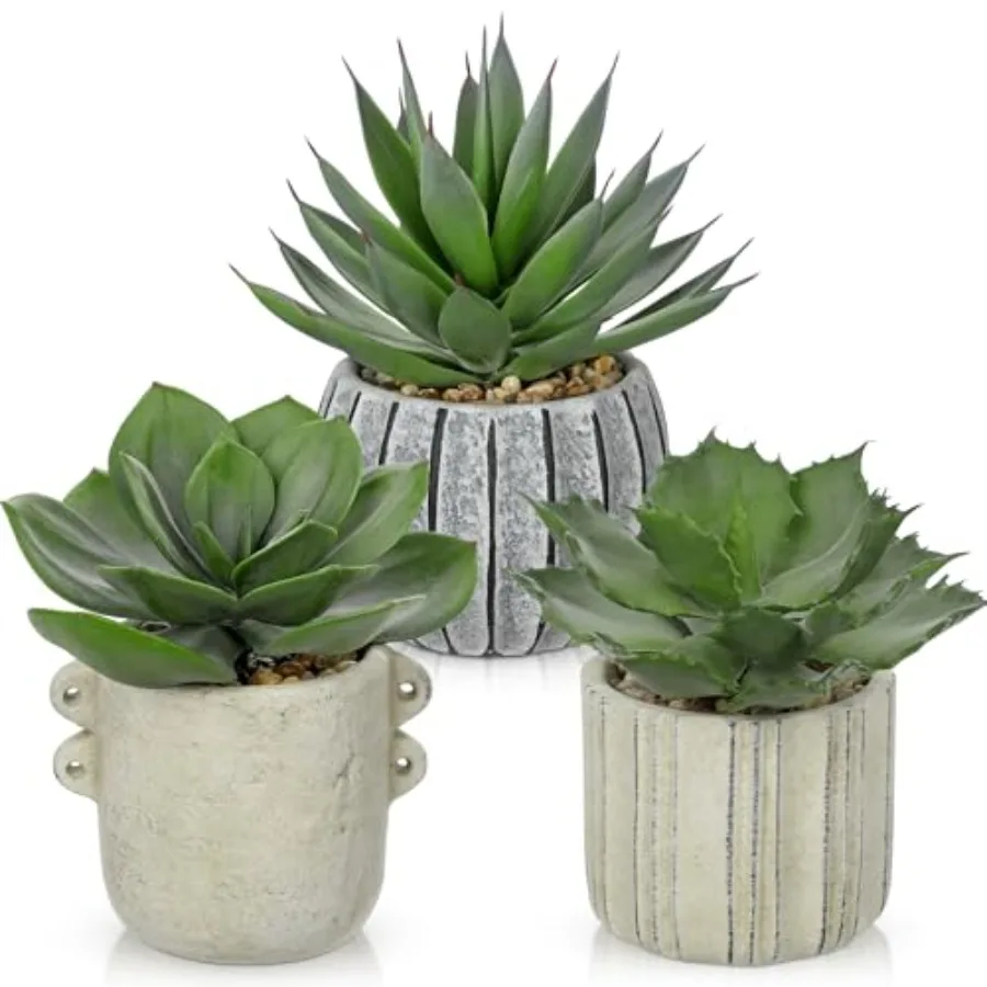 

3 Pack Faux Succulent Plants in Vintage Cement Pots Artificial Aloe Succulent Decor with Realistic Leaves and Pebble Base Rusti