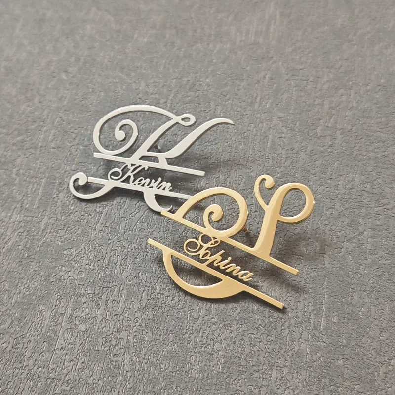 Custom Initials Brooches Metal Anti-glare Lapel Pin Fixed Clothes Letter Pins Stainless Steel Weater Coat Clothing Women Jewelry