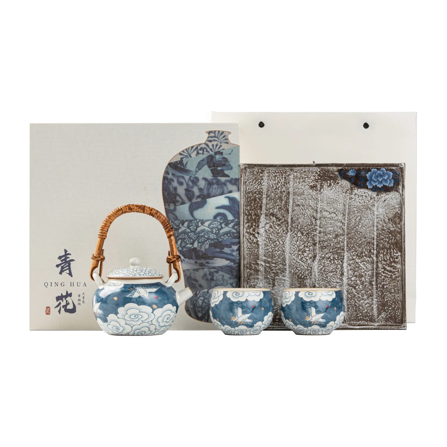 Blue and White Porcelain One Pot and Two Cups Colorful Flower Unique Dry Infusion Set Kungfu Tea Set Light Luxury Customer Gift