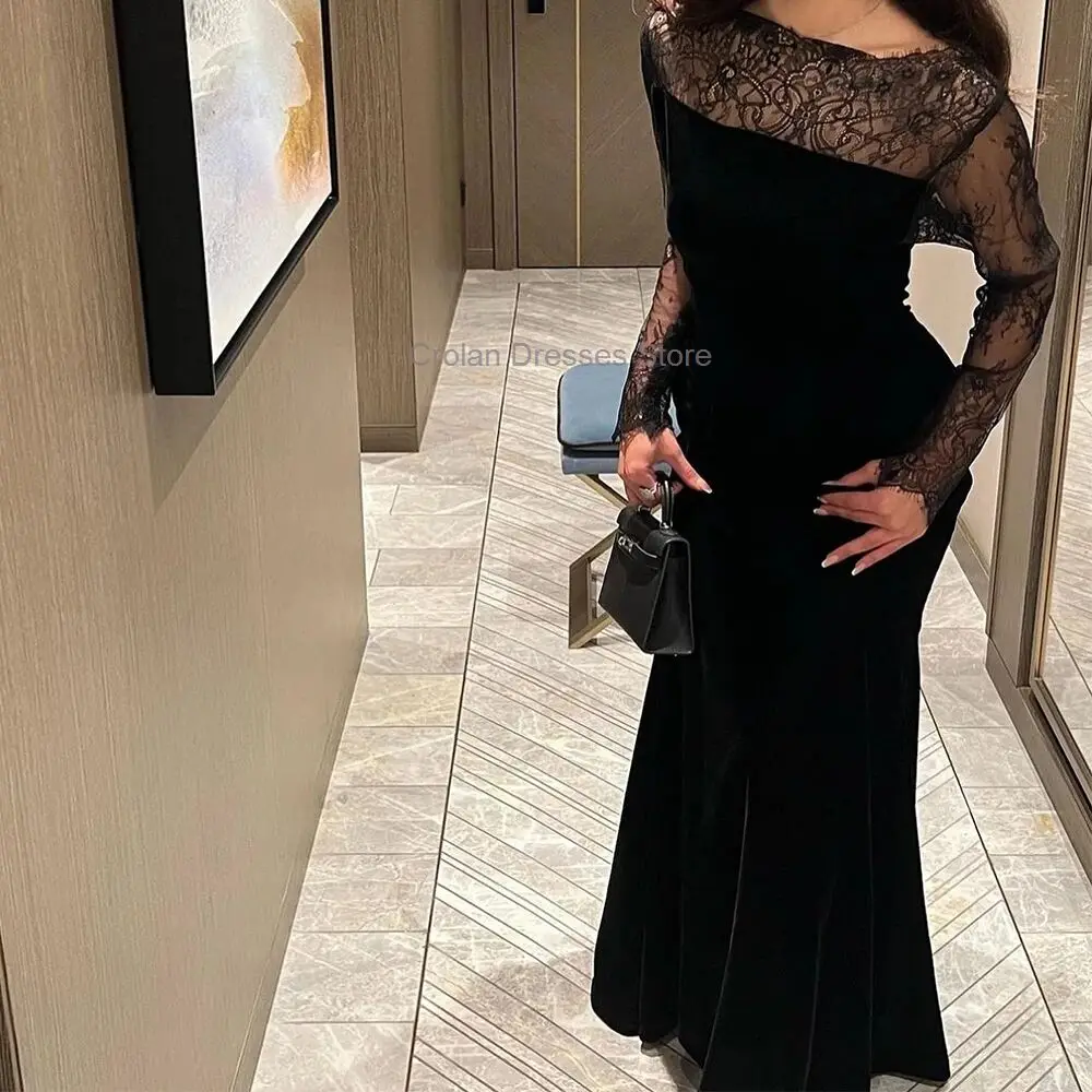 Black Straight Jersey Evening Dress Lace Long Sleeves Saudi Arabia Boat Neck Floor Length Prom Gowns Custom Made Party Dresses