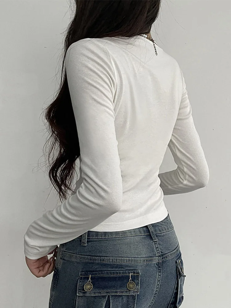 Bandage Folds Square Collar Crop Top Women Fairycore y2k White T Shirts Basic Knitted Elegant Tees Vintage 2000s Clothing image 5
